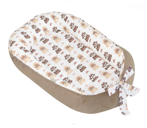 Kokon niemowlęcy otulacz dwustronny velvet/bawełna (brąz +misie z kokardką)