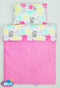 Pościel do wózka / kołyski MINKY (ciemny róż+kolorowe słoniki)