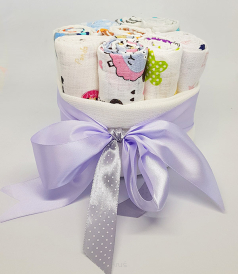 Tort z pieluch pieluszek tetrowych 10szt (kolorowe+lila kokarda)