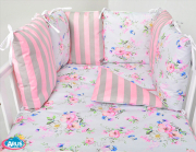 2 el.Pościel do łóżeczka 120x90 "MODUŁOWA" popielate kwiaty + paski