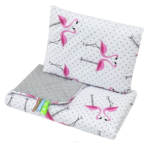 Pościel do wózka / kołyski MINKY (popiel +flamingi)
