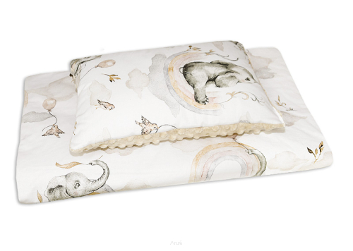 Pościel do wózka / kołyski MINKY (capuccino +slonik z tecza)