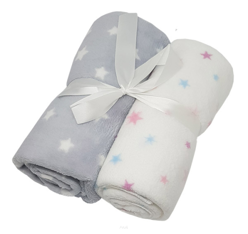 Koc kocyk z mikrofibry 2szt (białe gwiazdki na popielu+kolorowe gwiazdki)