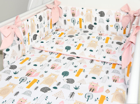 5 el.Pościel do łóżeczka 120x90 dwustronna "KOKARDKA" (niedźwiadki +róż puder)