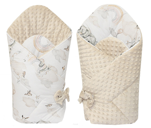 Rożek becik niemowlęcy dwustronny MINKY (beżowy +słonik z tęczą)