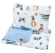 Pościel do wózka / kołyski MINKY (niebieski +lis w samolocie)