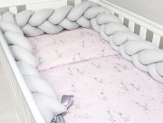 5 el.Pościel do łóżeczka 120x90 "Nature&Flowers" (różowe gąski +popielaty)