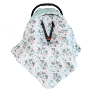 Otulacz śpiworek 90x90 z kapturkiem do fotelika velvet/bawełna (mięta +różyczki)