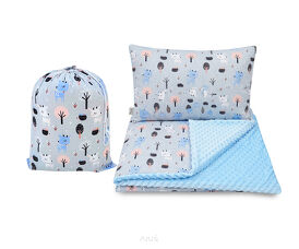 Pościel do przedszkola żłobka Minky 100x135 z wypełnieniem + Worek-3el (niebieski +jelonki)