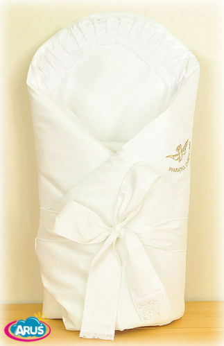 Rożek becik usztywniony do chrztu (złoty haft z bawełnianą falbanką)