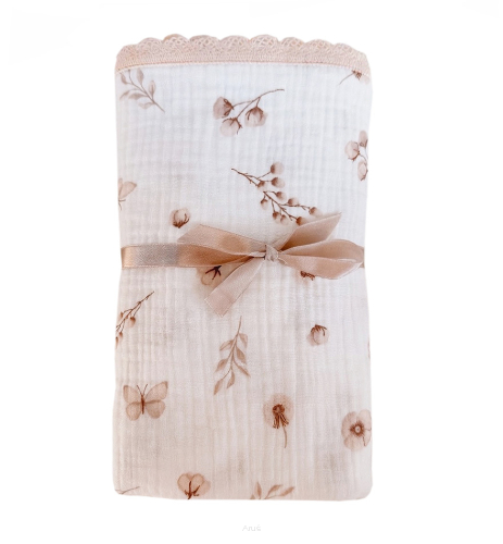 Kocyk Muślinowy z Koronką Double Gauze 100x75 - Soft Beige Garden