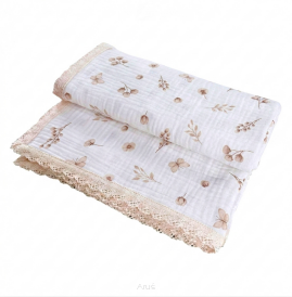 Kocyk Muślinowy z Koronką Double Gauze 100x75 - Soft Beige Garden