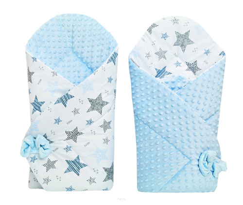 Rożek becik niemowlęcy dwustronny MINKY (niebieski+gwiazdy niebieskie)