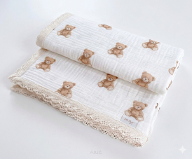 Koc muślinowy kreszowany koronka 100x75 (teddy love)