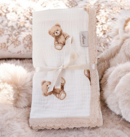 Koc muślinowy kreszowany koronka 100x75 (teddy love)