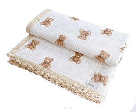 Kocyk Muślinowy z Koronką Double Gauze 100x75 - teddy love