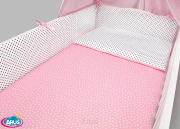 7 el.Pościel do łóżeczka 120x90 "DWUSTRONNA" różowe serduszka+czarne kropki na białym