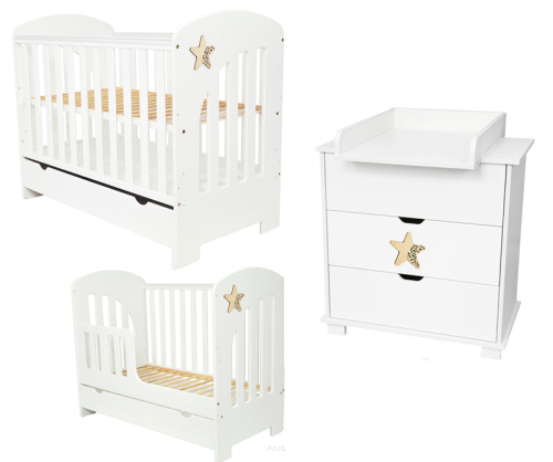 Zestaw GWIAZDKA 2 białe : łóżeczko z szufladą/ tapczanik+ komoda z przewijakiem