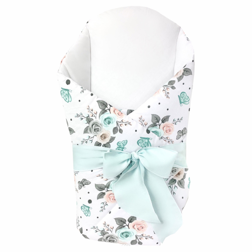 Rożek becik usztywniony wiązany KOKARDKA (białe różyczki +mięta wiazanie /srodek bialy))