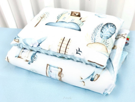 Pościel do wózka / kołyski MINKY (niebieski + brazowa ciuchcia)
