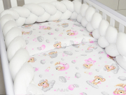 3 el.Pościel do łóżeczka 120x90 "Nature&Flowers" (różowe misie na chmurce +biały warkocz)