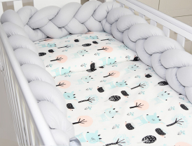 3 el.Pościel do łóżeczka 120x90 "Nature&Flowers" (miętowe jelonki +popielaty warkocz)