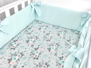 5 el.Pościel do łóżeczka 120x90 dwustronna "KOKARDKA" (różyczki popielate +mięta)