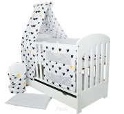 4 el.Pościel do łóżeczka 120x90 "DWUSTRONNA" myszki żółte +czarne kropki