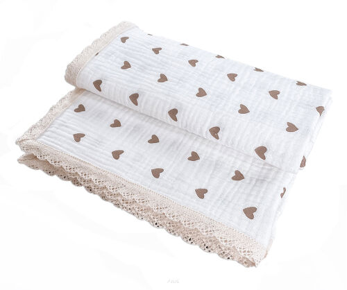 Kocyk Muślinowy z Koronką Double Gauze 100x75 - brązowe serduszka