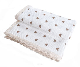 Kocyk Muślinowy z Koronką Double Gauze 100x75 - brązowe serduszka