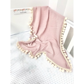 Koc muślinowy pompony 100x75 (pudrowy róż)