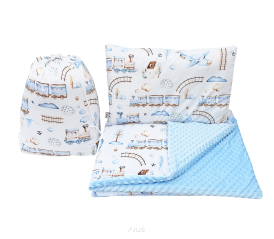 Pościel do przedszkola żłobka Minky 100x135 z wypełnieniem + Worek-3el (niebieski +ciuchcia)