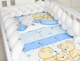 5 el.Pościel do łóżeczka 120x90 "Nature&Flowers" (niebieskie misie sweet +biały warkocz)