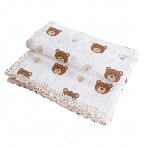 Kocyk Muślinowy z Koronką Double Gauze 100x75 - Misie ,łapki brąz