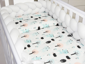 3 el.Pościel do łóżeczka 120x90 "Nature&Flowers" (miętowe jelonki +biały warkocz)