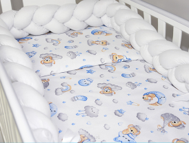 3 el.Pościel do łóżeczka 120x90 "Nature&Flowers" (niebieskie misie na chmurce +biały warkocz)