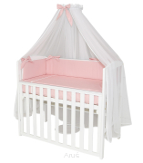 10el. Łózeczko opuszczany bok TOBIASZ 100x50 biały + materac + posciel "Koronka"