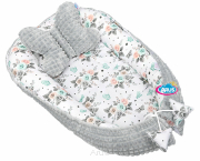 Kokon niemowlęcy +motylek otulacz dwustronny minky (popiel+ białe różyczki)