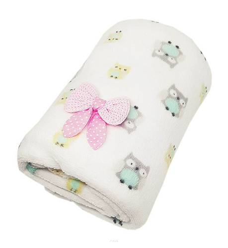 Koc kocyk z mikrofibry (białe sowy+różowa kokardka)