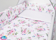 7 el.Pościel do łóżeczka 120x90 "DWUSTRONNA" białe kwiaty + popiel kropki