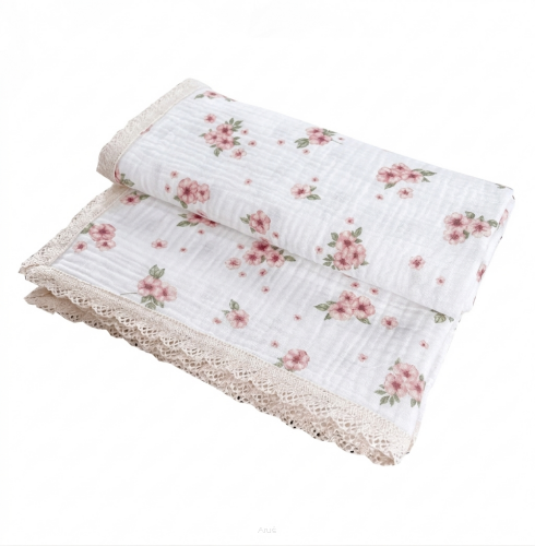 Kocyk Muślinowy z Koronką Double Gauze 100x75 - Powder blossom