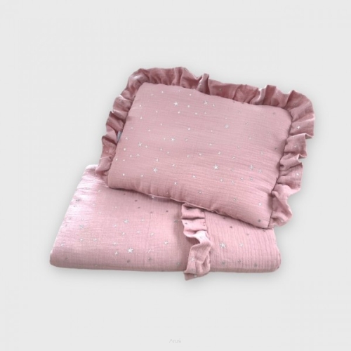Pościel z wypełnieniem do wózka / kołyski / kosza mojżesza muślinowa z falbanką (pudrowy róż gwiazdki)