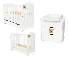 Zestaw mebli JAŚ 2 białe : łóżeczko z szufladą/ tapczanik+ komoda z przewijakiem