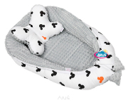 Kokon niemowlęcy +motylek otulacz dwustronny minky (popiel+duże myszki na białym)