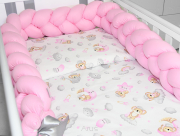 3 el.Pościel do łóżeczka 120x90 "Nature&Flowers" (różowe misie na chmurce +różowy warkocz)