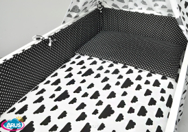 2 el.Pościel do łóżeczka 120x90 "DWUSTRONNA" czarne chmurki+kropki na czarnym