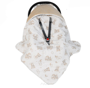 Otulacz śpiworek 100x100 z kapturkiem do fotelika velvet/bawełna (beżowy +beżowe misie na tęczy)