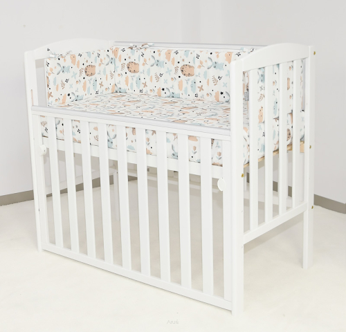 8 el. Łóżeczko opuszczany bok TOBIASZ 100x50 kolor biały + materac + posciel