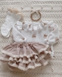Spódnica/bloomersy muślinowa na szelkach , falbanki, koronki (pastelowy beż) - 6