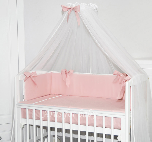 3 el. Pościel do łóżeczka Tobiasz (poszewki +ochraniacz ) (koronka róż pudrowy)